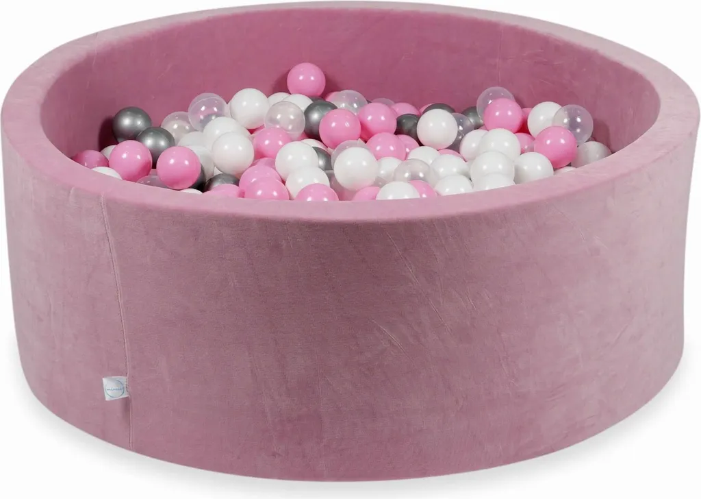 Grande piscine sèche velours rose avec 500 balles argent et blanc