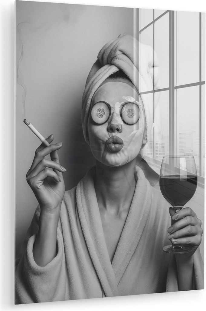 MuchoWow Glasbilder - Bilder auf Wandbild - Foto auf Glas Frau - Maske - Wein - Zigarette 60x80 cm Wanddekoration aus Glas - Acrylglasbild - Acrylb...