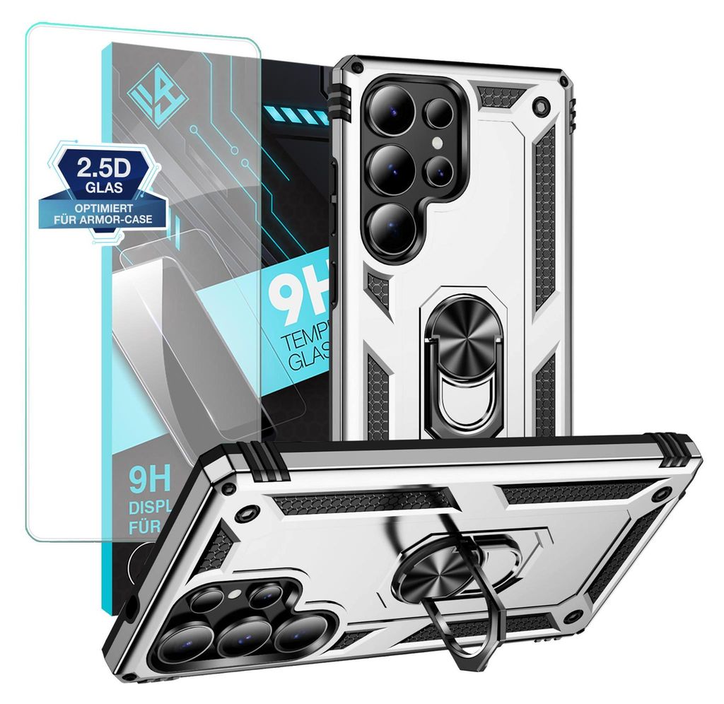 Armor Outdoor Handyhülle für Samsung Galaxy S25 Ultra Handy Panzer Case Schutzhülle mit 9H Displayglas Displayschutz Farbe: Silber