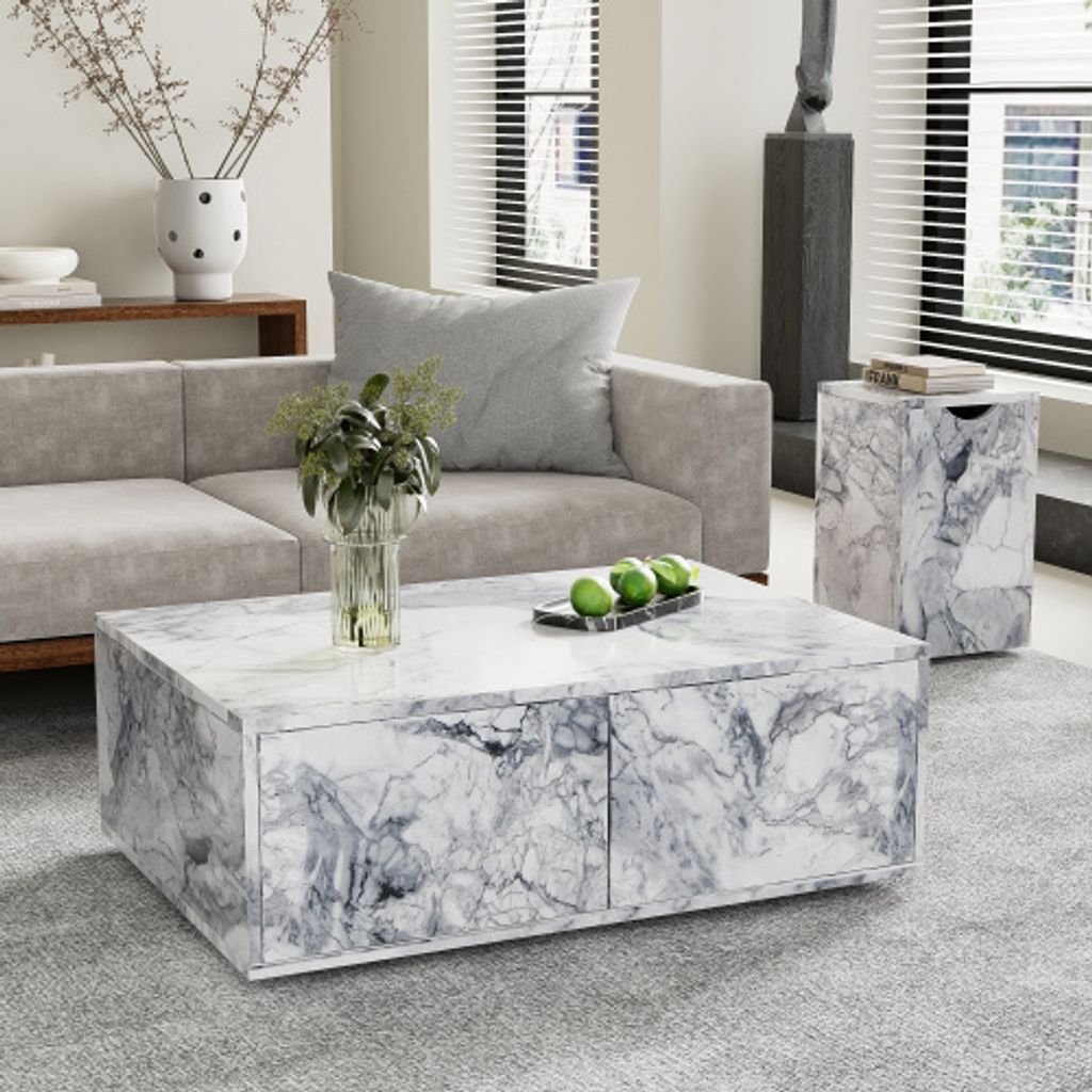 ProximaX Modulares Couchtisch-Set im Marmorlook, moderne Wohnraummöbel für Sofa, Balkon und Wohnzimmer - 2er-Kombination