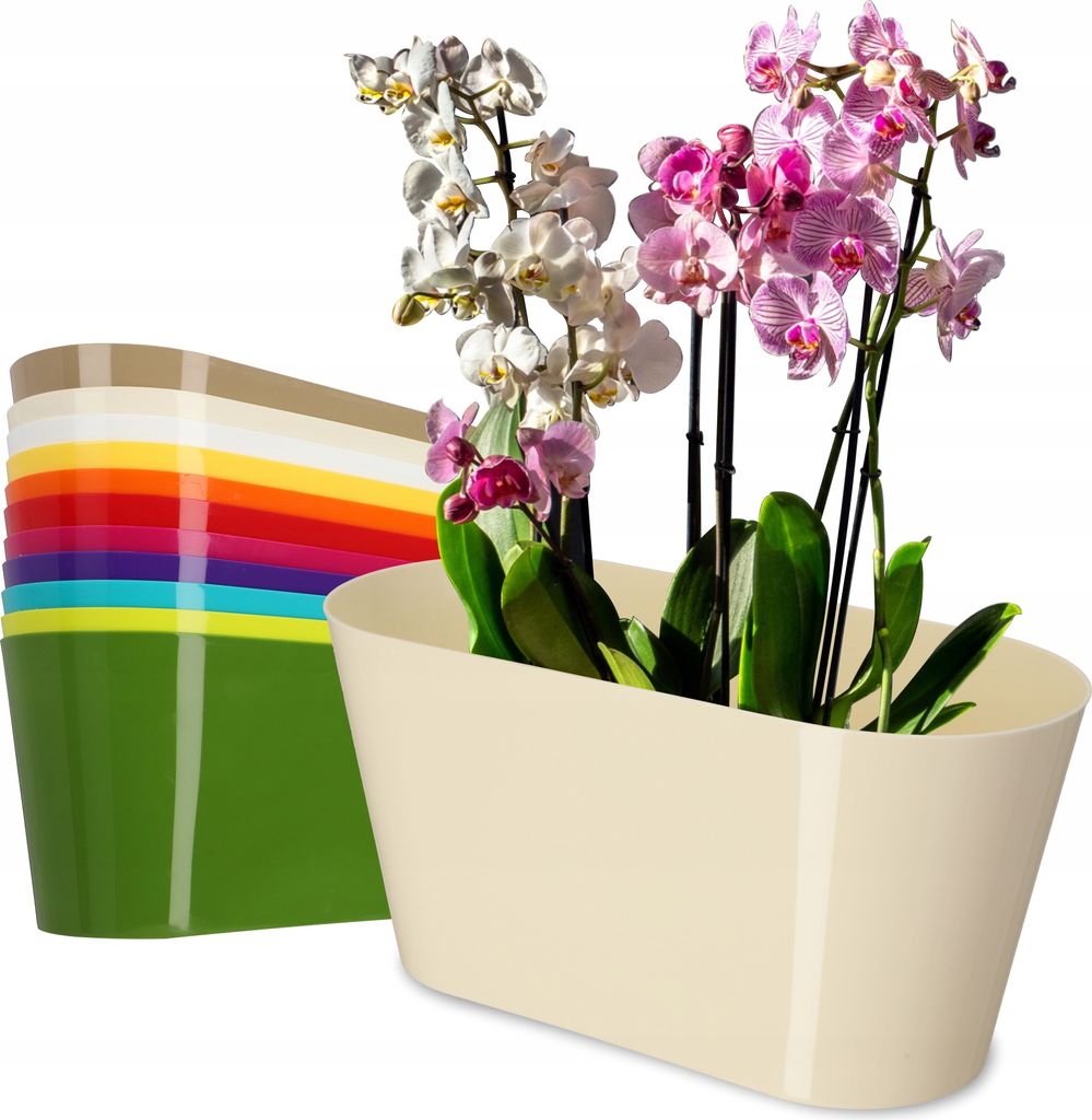 A stack of colorful plastic planters is shown on the left, and a cream-colored planter with orchids is shown on the right.