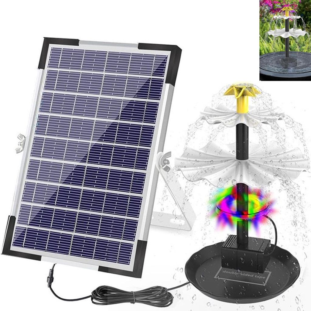 Solar Springbrunnen Pumpe 6W mit Akku 1500mAh, 12 LED & 9 Düsen, IP68 wasserdicht, für Vogelbad, Teich, Garten & Wasserbecken, schwimmend
