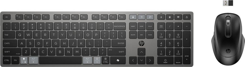 HP 725 Kombo mit wiederaufladbarer kabelloser Tastatur und Maus für mehrere Geräte, Volle Größe (100%), Kabellos, RF Wireless + Bluetooth, Sche...