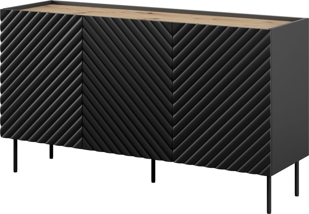Sideboard Onda Kommode 150X85X45 Cm 3 Türiger Mit 2 Schubladen Mdf Schwarz Matt