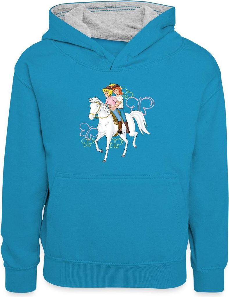 Spreadshirt Bibi Und Tina Reiten Auf Stute Sabrina Kinder Kontrast-Hoodie, S (5/6 Jahre), Pfauenblau/Grau meliert