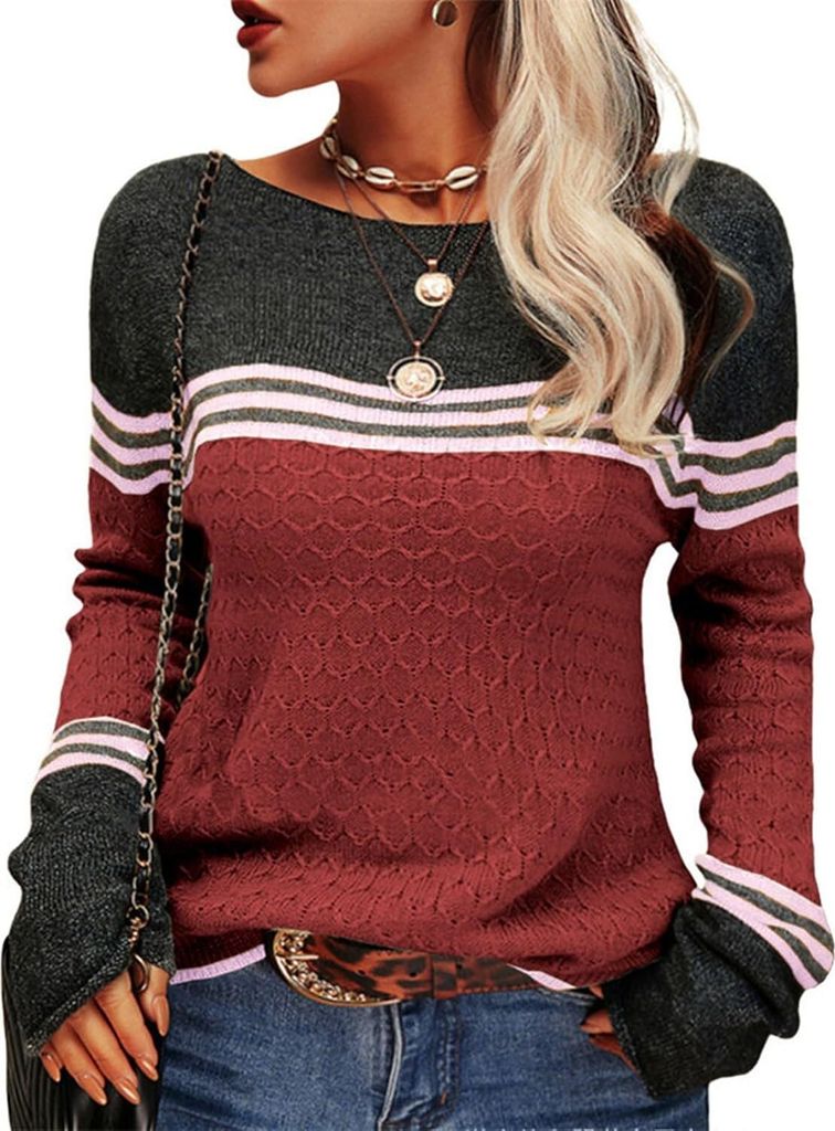 AKSA Damen Strickpullover Pullover Herbst Winter Langer Oversize Pulli Sweater Langarm Duenne Elegant Rundhals Sweatshirt Casual Winterpullover,Win...