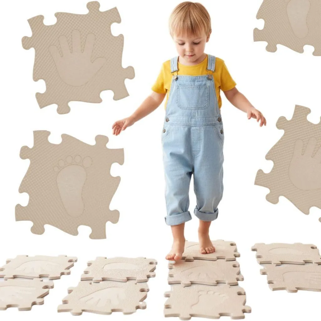 Parcours Éveil Sensoriel Bébé - 16 Dalles Puzzle Orthopédique Beige