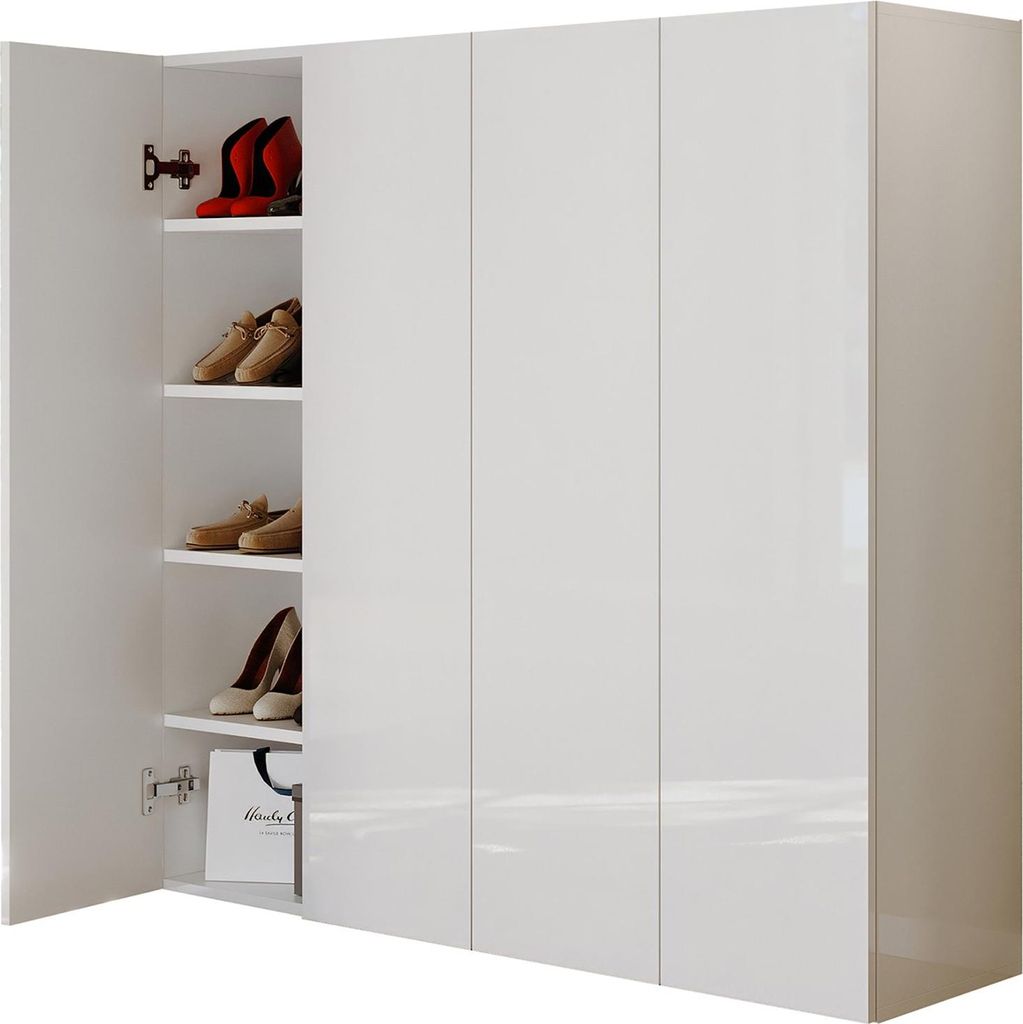 Dmora Schuhschrank Cono 126x35x116h cm Weiß Hochglanz, 8 Ablagen 30 Paar