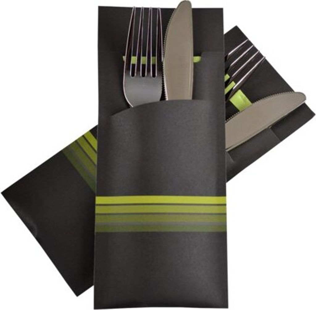 520x Pochetto Bestecktaschen 200x85mm schwarz limette Streifen Serviette