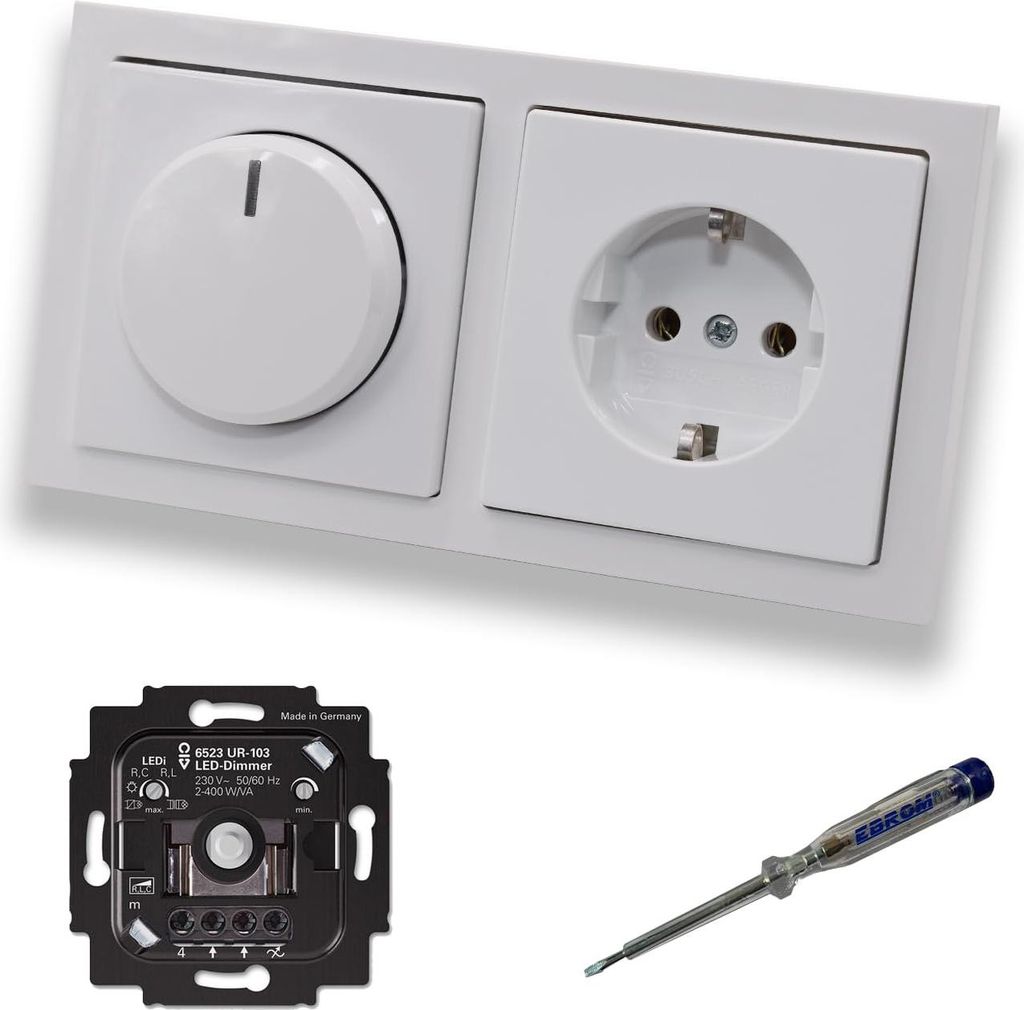 Busch Jäger 6523UR-103 LED Drehdimmer Dimmer + Dimmerscheibe 6540-84-102 und Steckdose 20EUC-84 in Future Linear Studioweiß glänzend inklusive E...