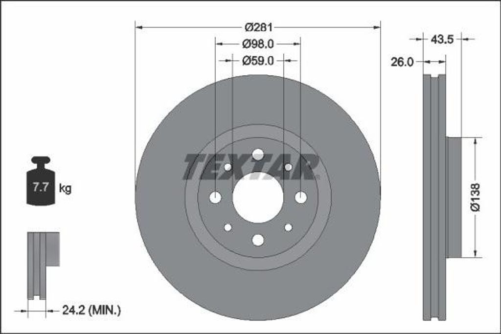 2x TEXTAR Bremsscheibe 92344703 für FIAT 500 (312) 500e New 500 Cabrio (332)