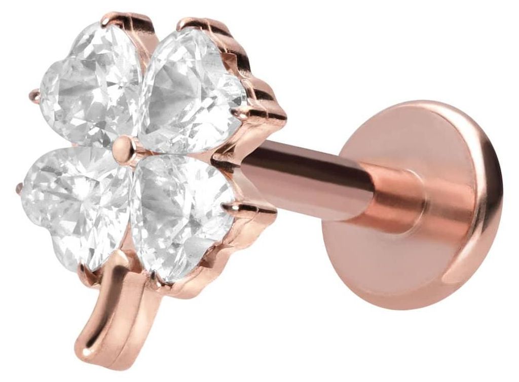 Ohrpiercing, Nasenpiercing Titan Labret mit Innengewinde KRISTALLKLEEBLATT RoséGold Stablänge: 10mm | Stabstärke: 1,6mm