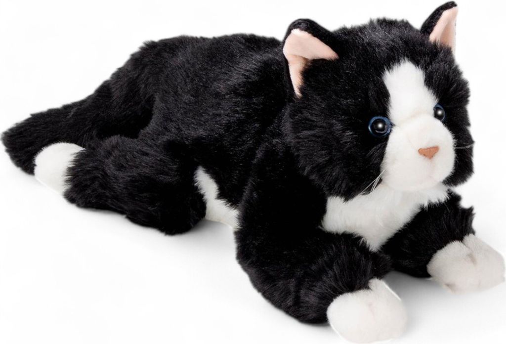 A plush toy cat lying down on a white background.