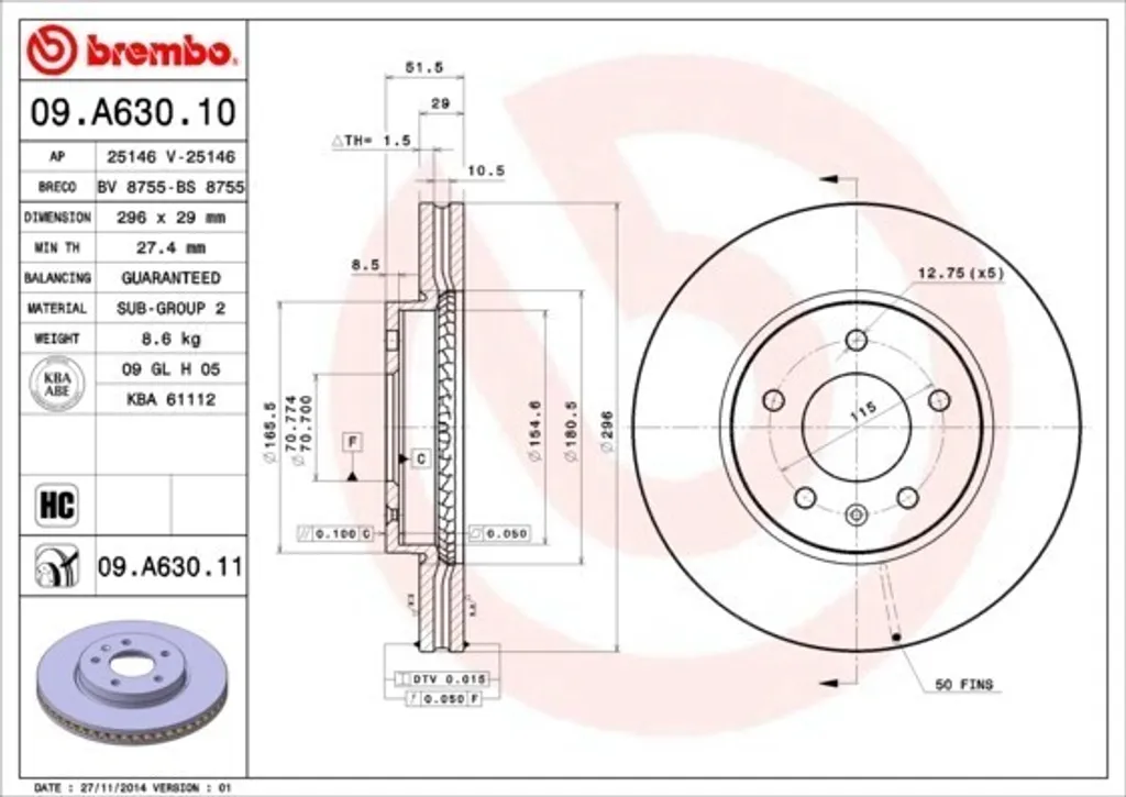 Disque de Frein Avant Brembo 09.A630.10 pour Opel Antara et Captiva L07