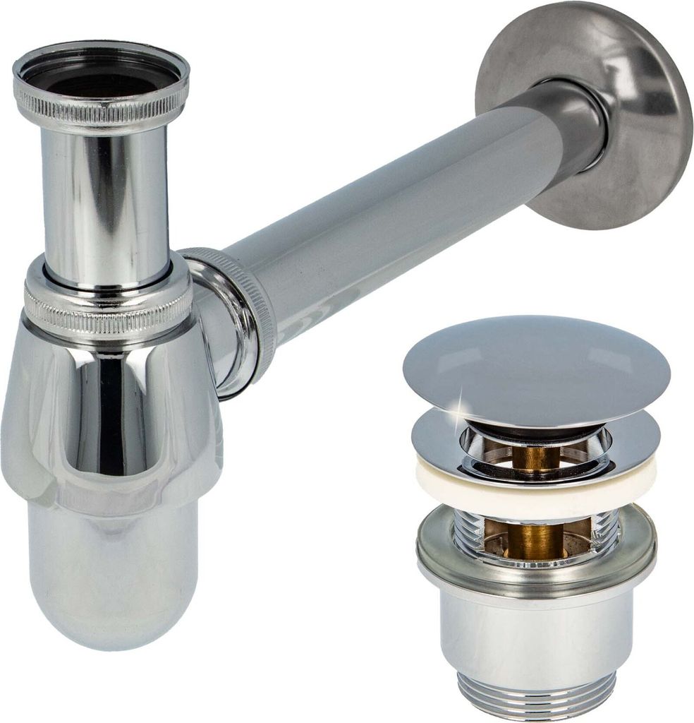 tecuro Siphon extra lang mit Pop Up Ablaufventil verchromt - Universal Set für Waschtisch / Waschbecken