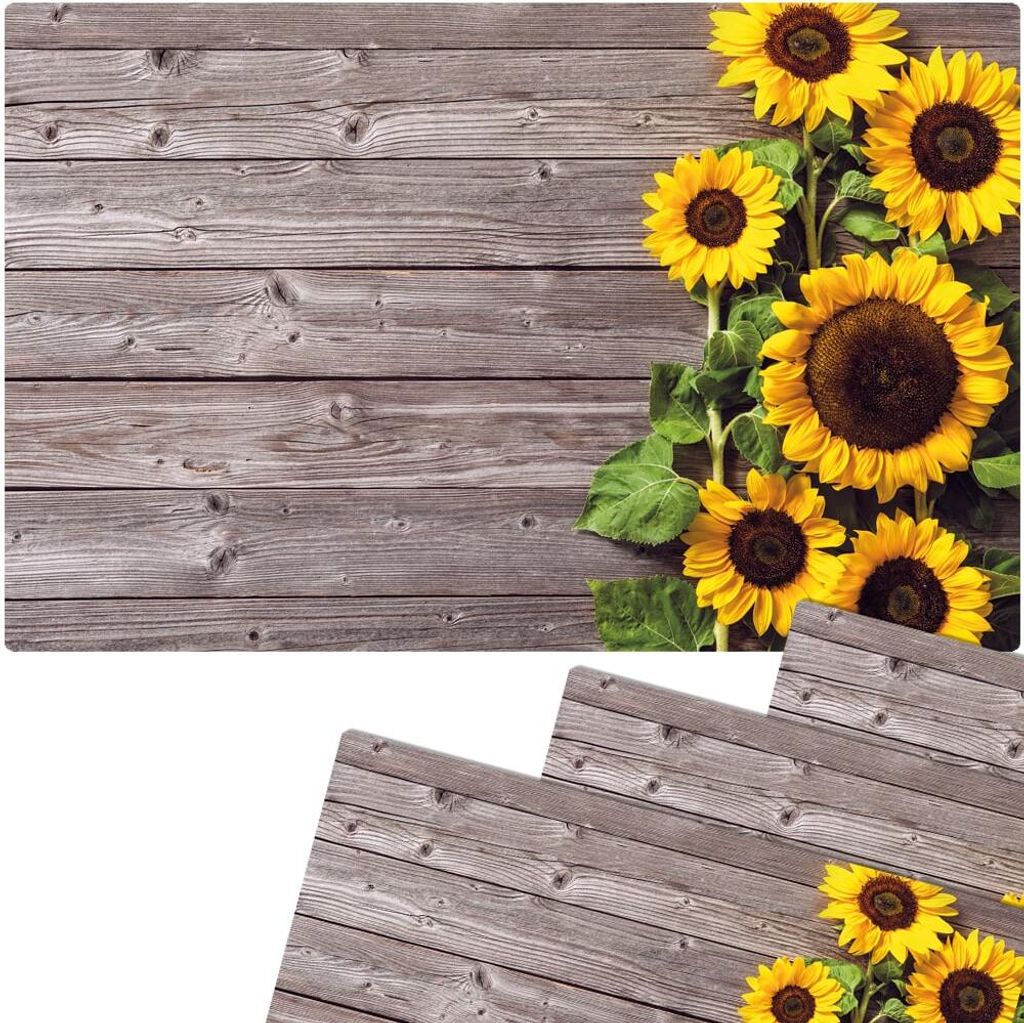 Abwaschbare Tischsets 4er Set Sonnenblumen Holz-Optik