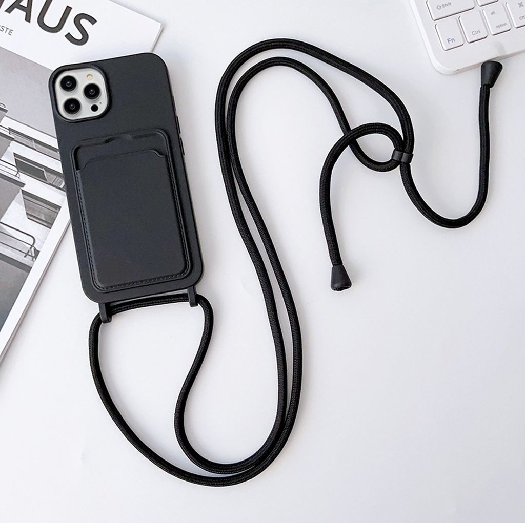 Mobigear Lanyard Card iPhone 15 Pro Silikon Handykette mit Kartenhalter - Schwarz