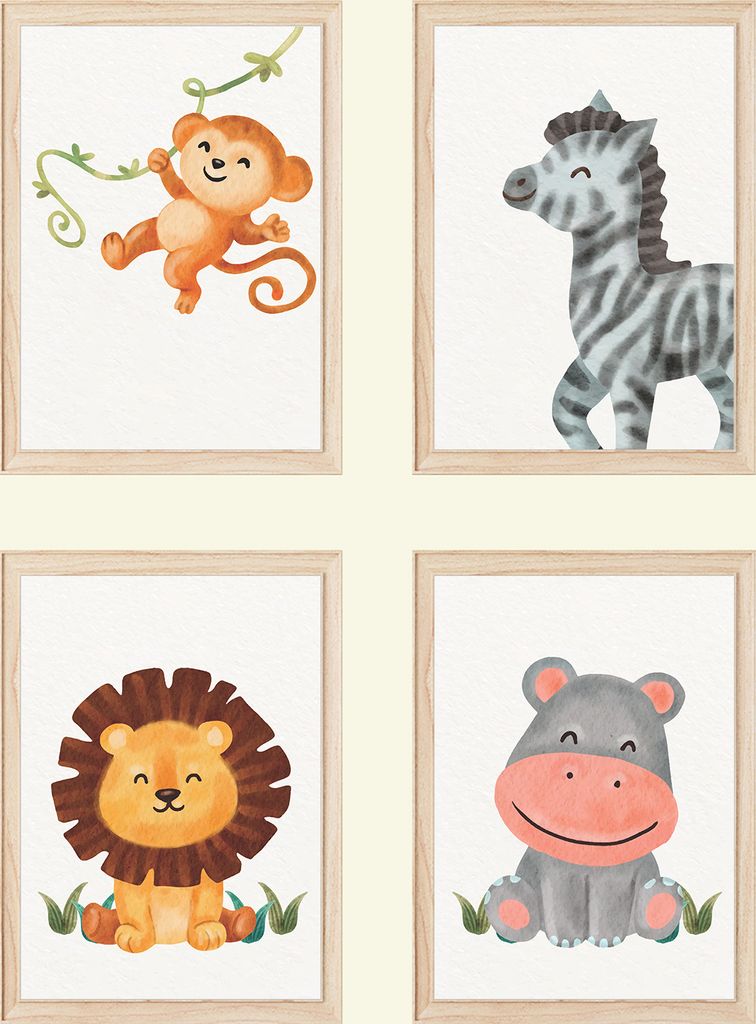 Affe Zebra Löwe Nilpferd Safari Tiere 4er Set Kinderzimmer Bilder DIN A4 Wandbilder Deko Babyzimmer Poster