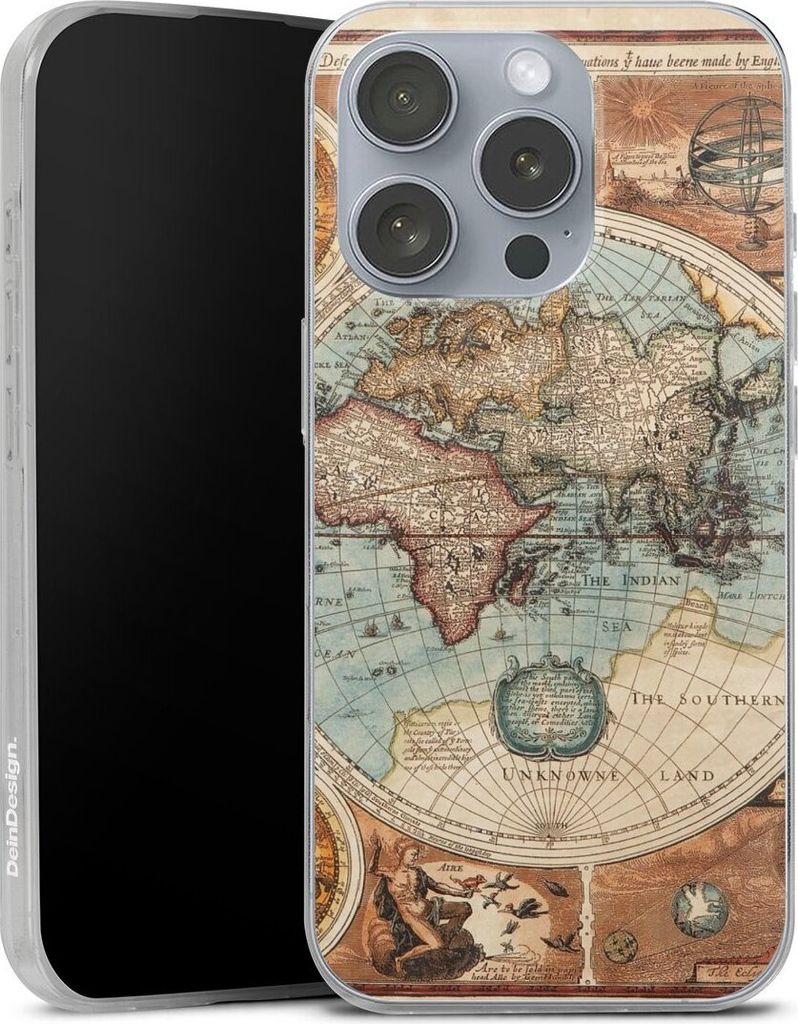 DeinDesign Slim Hülle für Apple iPhone 16 Pro Silikon Case Ultra Dünn Handyhülle Landkarte Vintage Weltkarte