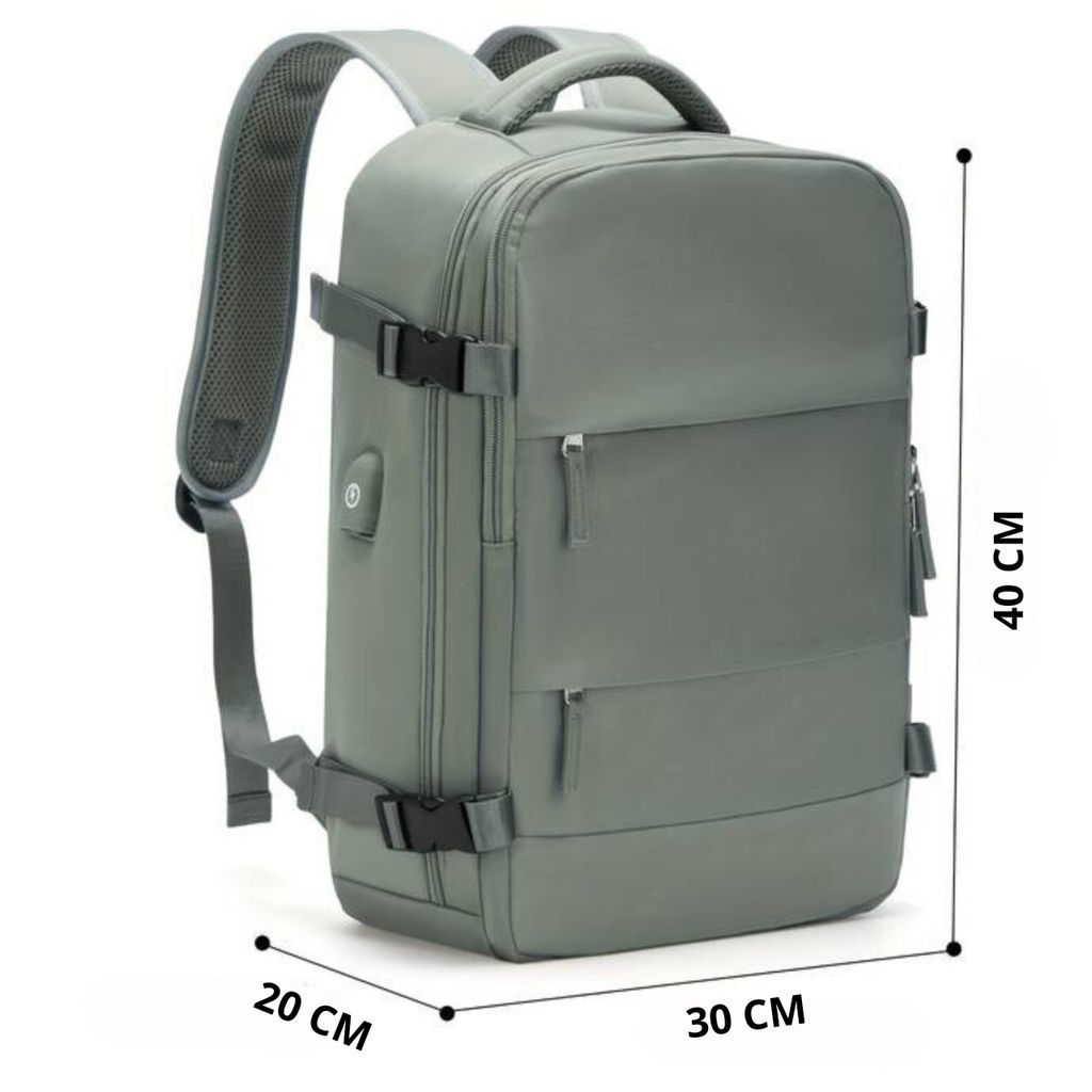A green backpack with dimensions indicated by measurement lines and text.