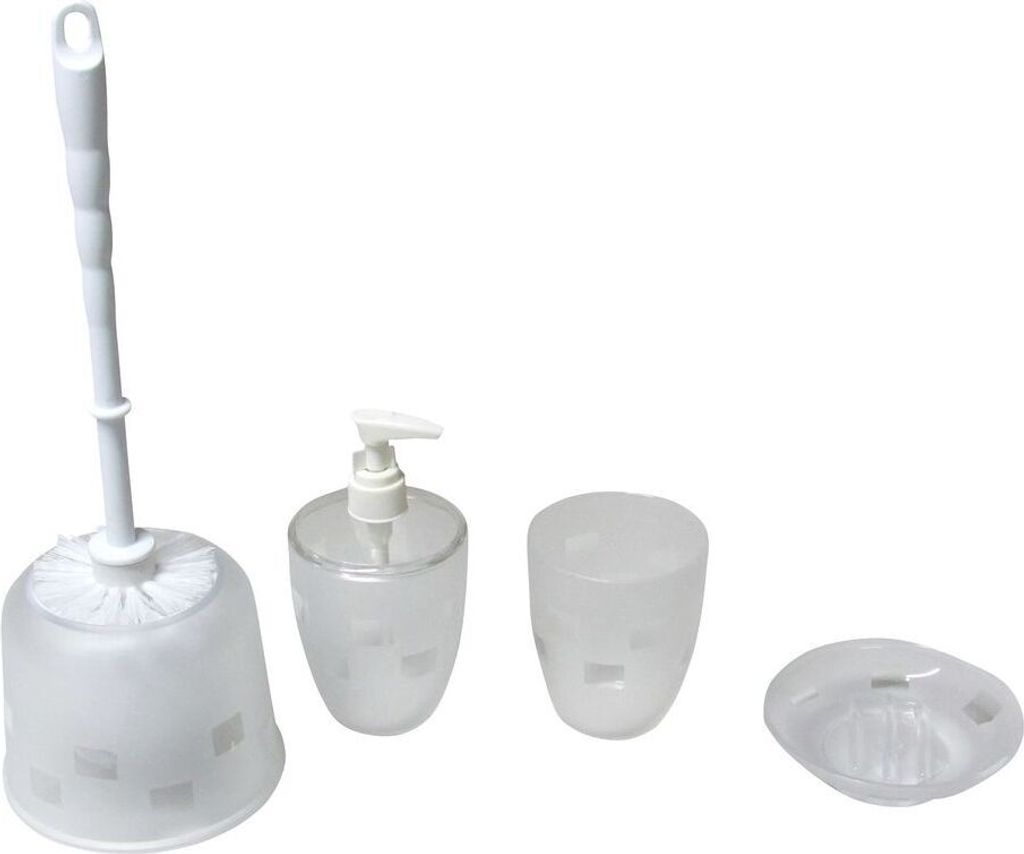 4tlg Set Bad Accessoires WC Bürste Seifenspender Mundspülbecher Seifenschale Selina Weiß