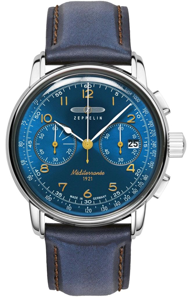 ZEPPELIN 9670-3 Chronograph Uhr Herrenuhr Lederarmband Chrono Datum blau
