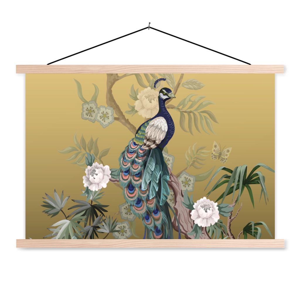 MuchoWow Textilposter Pfau - Rosen - Gold - Pfauenfedern - Luxus 120x80 cm mit holzfarbenen Rahmen - Aufhängeset