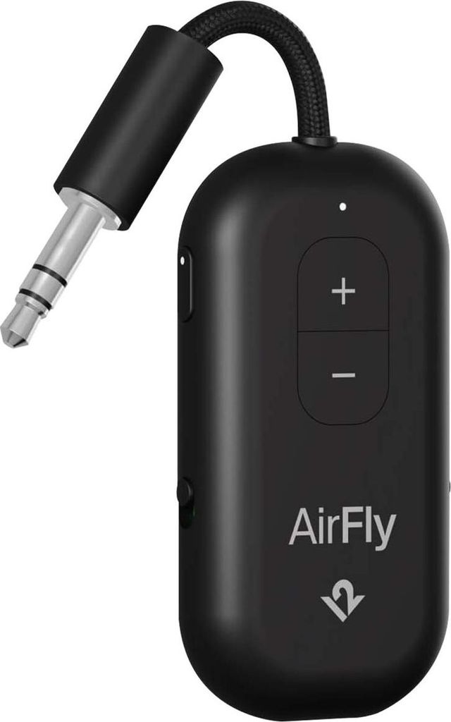 A black Twelve South AirFly Pro 2 adapter with a 3.5mm audio jack.