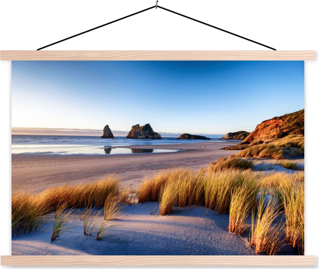 MuchoWow Textilposter Strand - Meer - Natur 120x80 cm mit holzfarbenen Rahmen - Aufhängeset