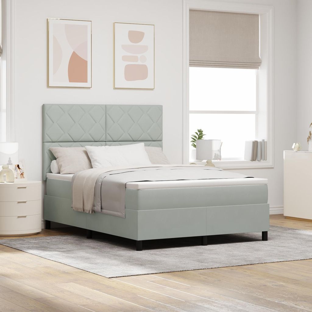 LED Boxspringbett mit Matratze Hellgrau 140x200 cm Samt, Design Möbel Klassische Betten Neu