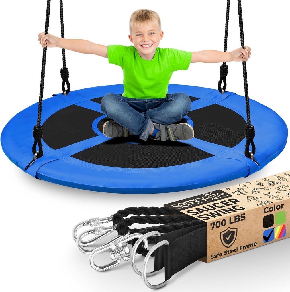 SereneLife Outdoor Spinner-Tellerschaukel – Runde hängende Baumschaukel mit Seilgurten, gepolstertem Metallrahmen und Sitz aus Polyestergewebe