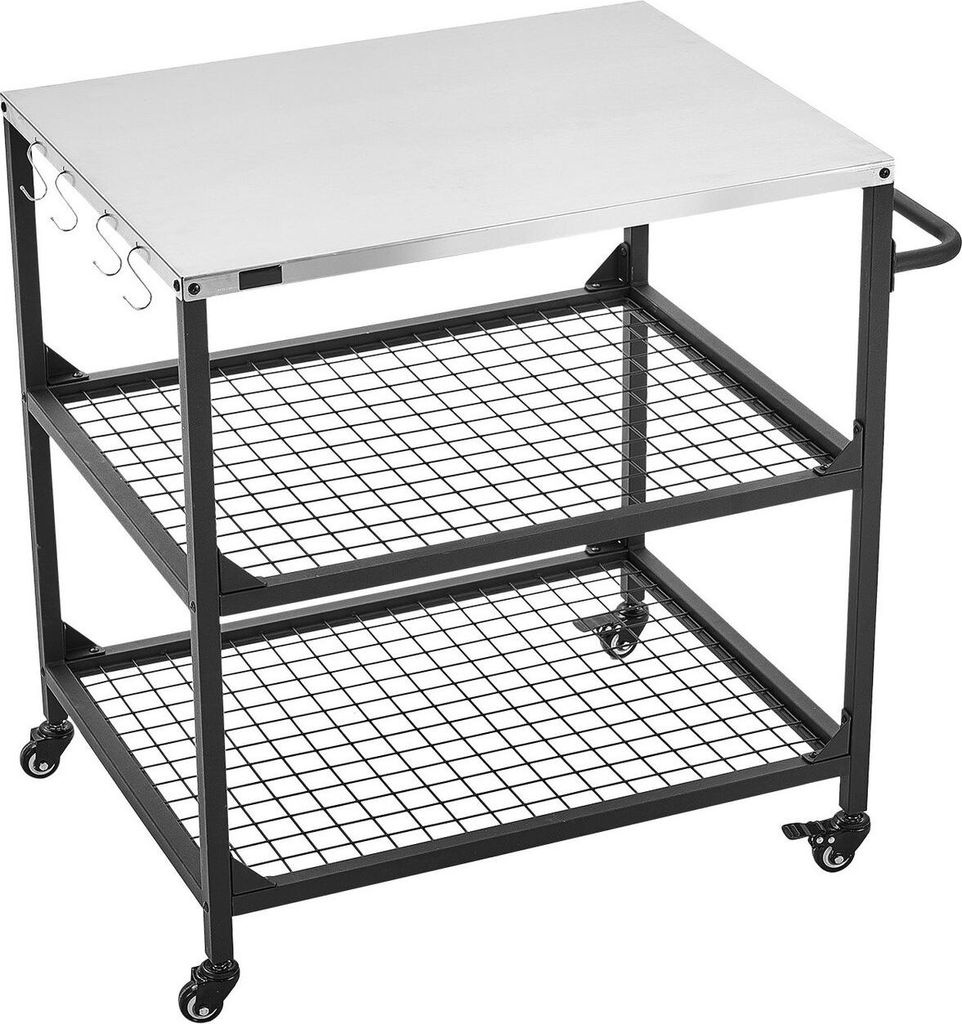 Outdoor Grill Cart, 800 x 610mm Stainless Steel Tabletop Size Grilling Table, Outdoor Cooking Table with 4 Wheels & Side Handle, Two Mesh Shelves, ...