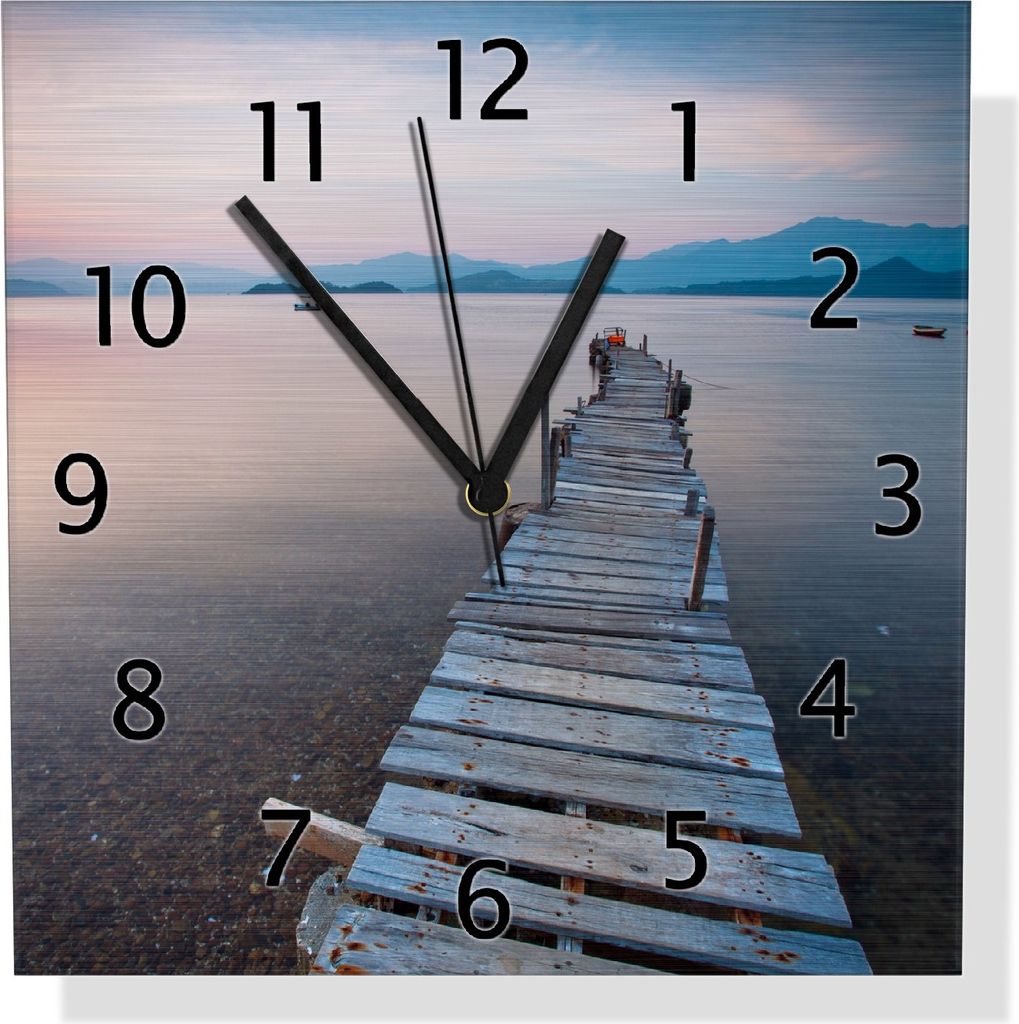 Wallario Design Wanduhr Steg am See- Idylle bei Sonnenuntergang aus Aluverbund, Größe 30 x 30 cm