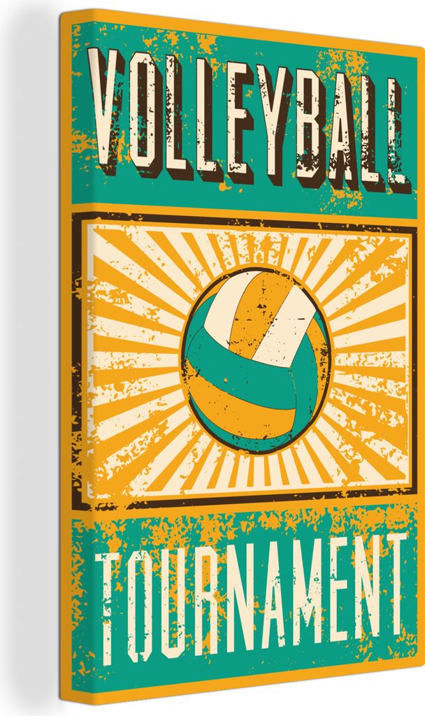 OneMillionCanvasses - Leinwandbilder - 90x140 cm, Volleyball-Illustration mit Zitat "Volleyballturnier" vor verwittertem Hintergrund, Wandbilder ...