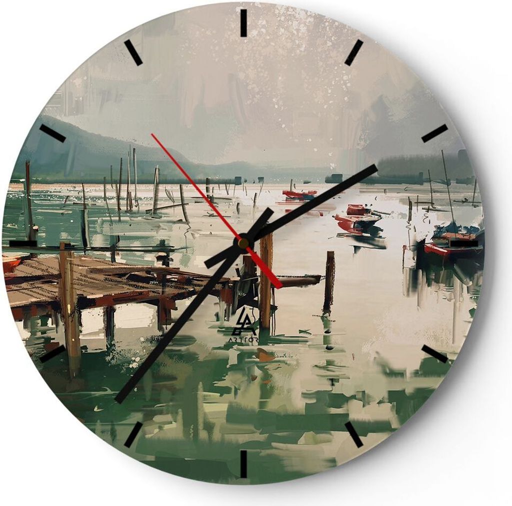 Wanduhr - Rund - Glasuhr - Boot Ufer Brücke - 40x40cm - Schleichendes Uhrwerk - Lautlos - zum Aufhängen bereit - Dekoration Modern - Wanddekorati...