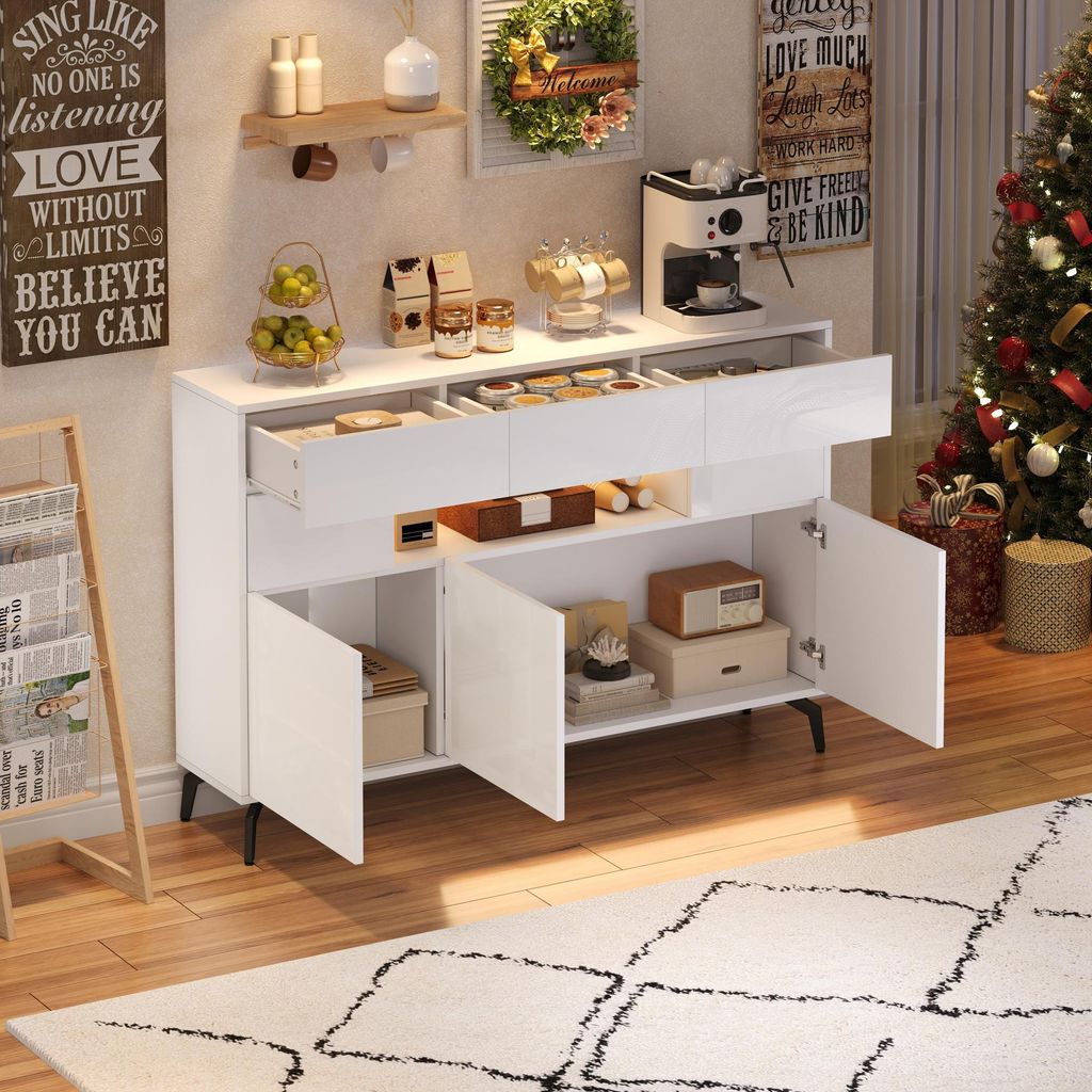 okwish Wohnzimmerschränke Sideboard mit Intelligente Beleuchtung,Kommode mit 5 Metallbeinen,Hochglanz-Schränken mit 3 Schubladen,weiß