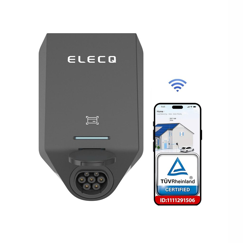 Elecq Wallbox 22kW mit App, 32A 3-phasig, RFID/WLAN/OCPP, IP65 & IK10, Aktives Lastmanagement & PV-Überschussladen (erfordert Power Monitor)