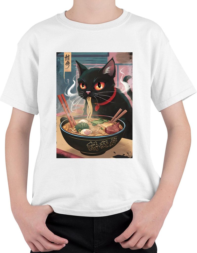Schwarze Katze Ramen Nudelsuppe Japanisch Kawaii Anime Neko Chibi Uni Kinder T-Shirt, Weiß, 128