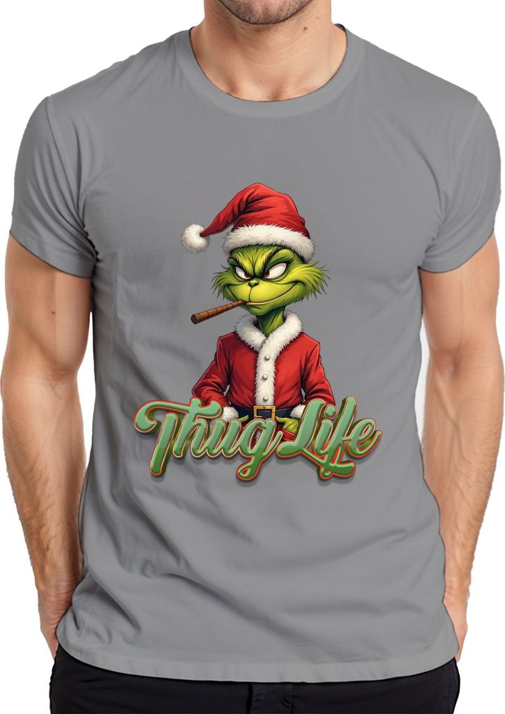 Thug Life Grinch Joint Weed Cannabis Kiffen - Weihnachten Christmas Xmas Herren T-Shirt, Grau, XXL
