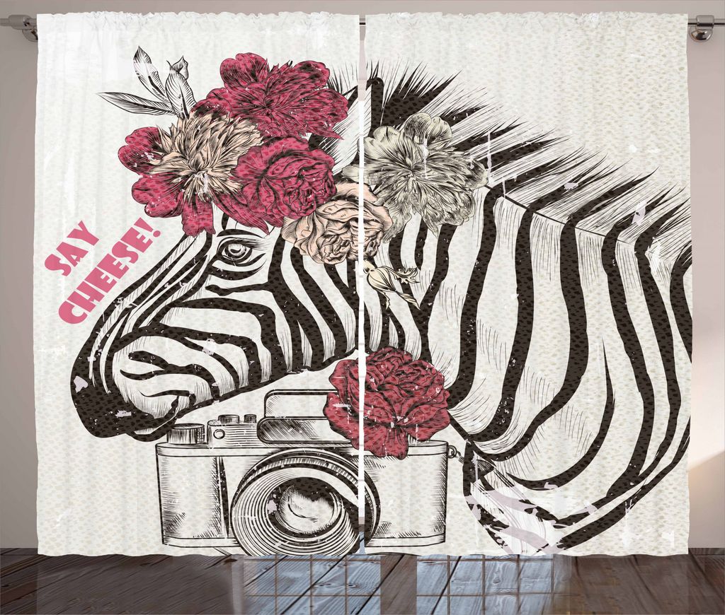 ABAKUHAUS Kamera Rustikaler Gardine, Zebra-Kopf-Say Cheese Worte, Schlafzimmer Kräuselband Vorhang mit Schlaufen und Haken, 280 x 245 cm, Dunkelbl...