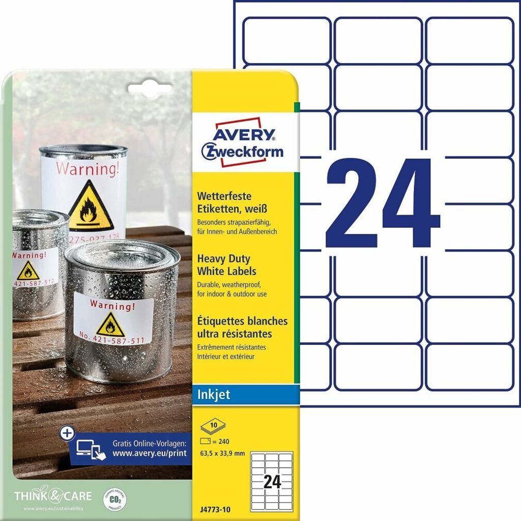 Avery J4773-10, Biały, Poliester, 63,5 mm, 33,9 mm, 24 szt. Zdjęcie produktu 