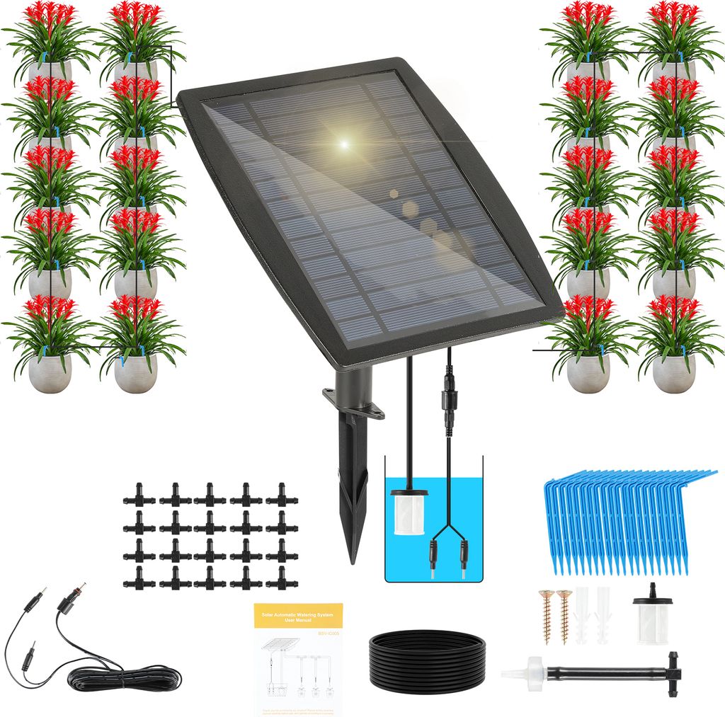 Solar Bewässerungssystem Tröpfchenbewässerung system mit 12 Timer-Modi+20M Schlauch für Garten Balkon Pflanzen