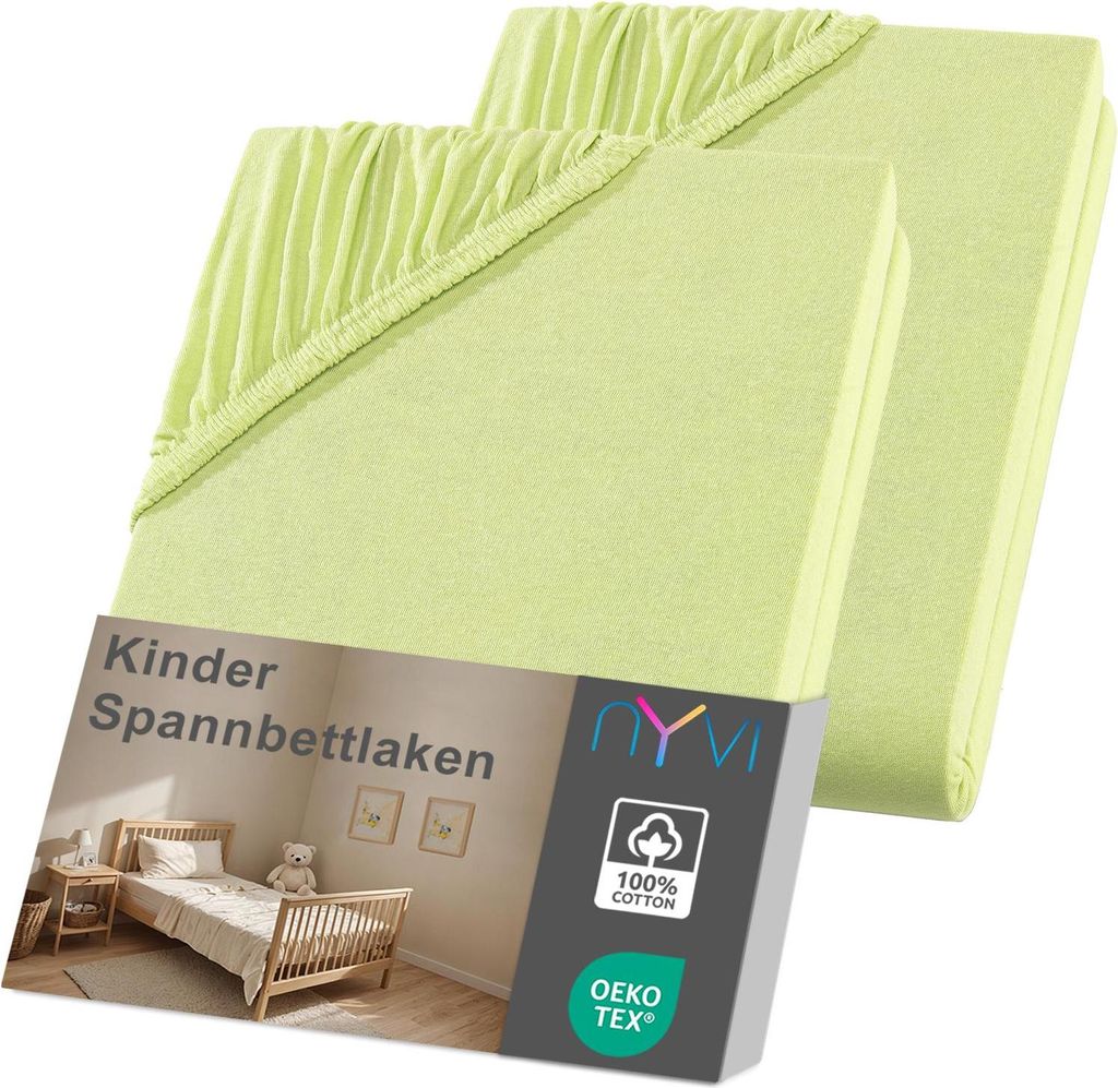 NYVI Kinder Spannbettlaken Junior 70x140 cm apfelgrün 2er Set für Kinderbettmatratzen bis 12cm Höhe - Weich & Anschmiegsam, Rundumgummizug, Büg...
