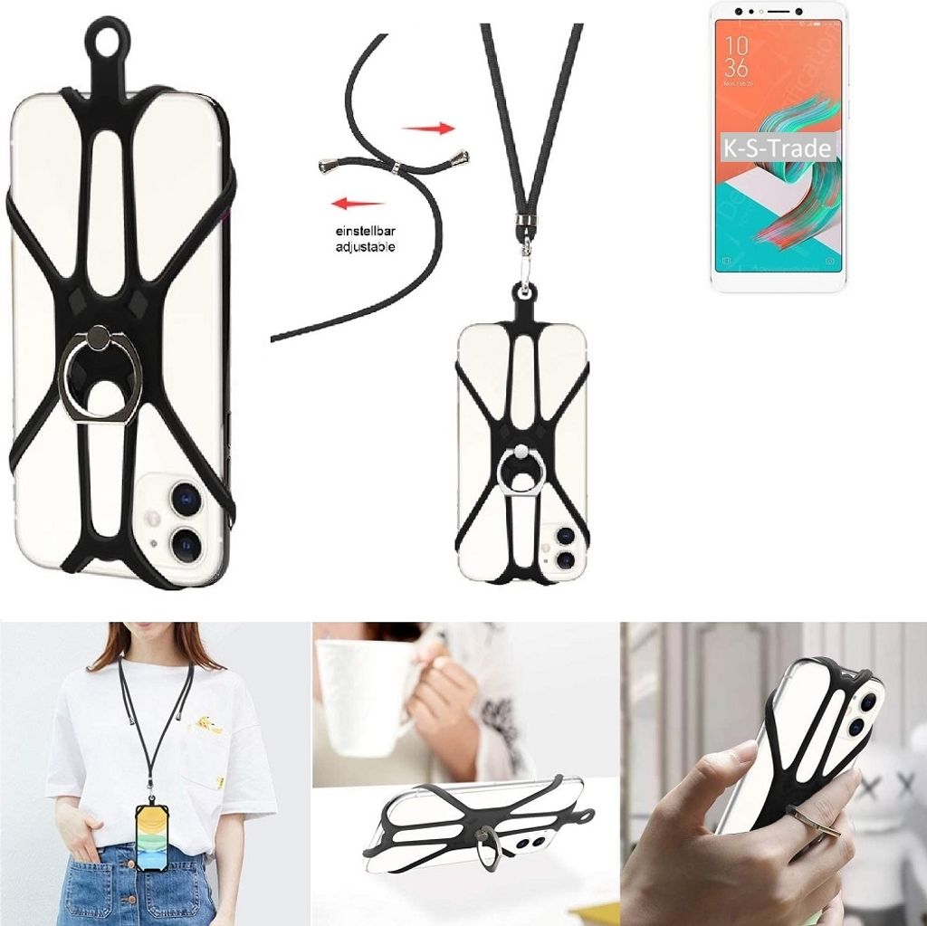 K-S-Trade 3in1 Handykette Handyband Handykordel Halsband Smartphone-Ring Handy-Ring kompatibel mit Asus ZenFone 5 Lite SD630 Fingerhalterung Handyring