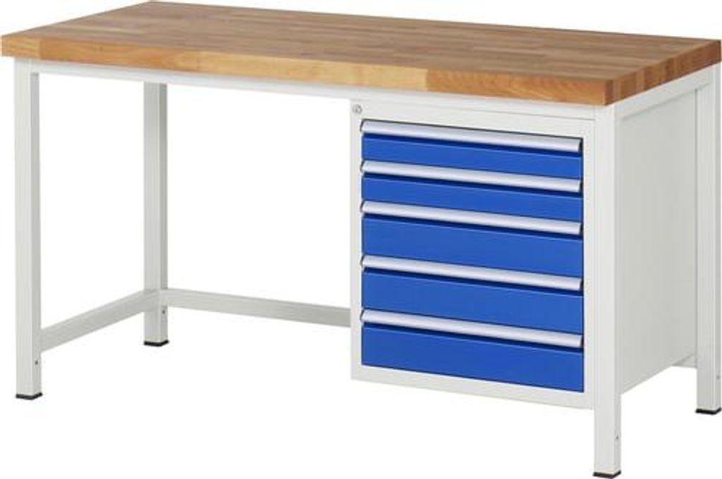 Werkbank mit 5 Schubladen - Teilauszug - 90:2 / 120:3 - 840 x 1.500 x 700 mm (HxBxT) - Traglast 1.250 kg - Buche