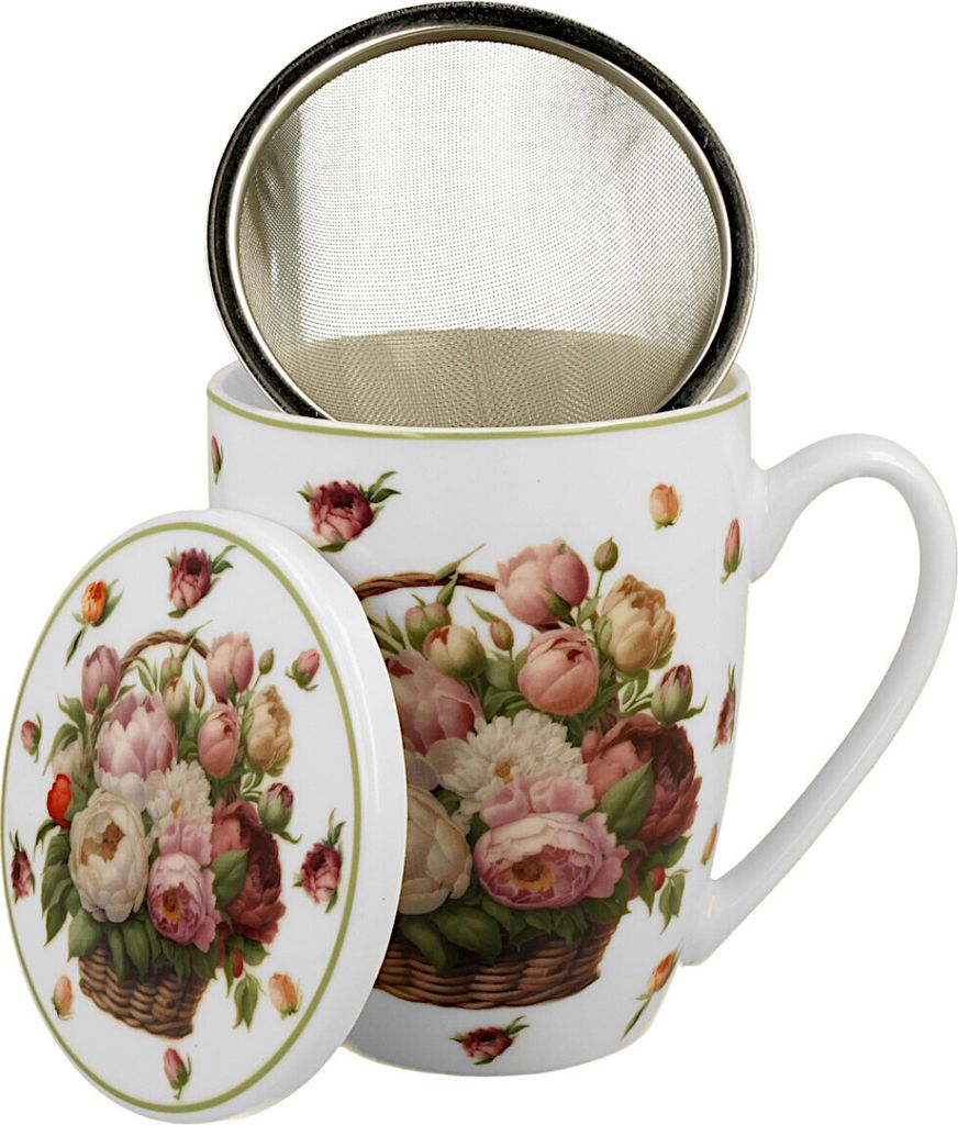 DUO Becher 360 ml BASKET OF FLOWERS PEONIES mit Teesieb, New Bone China Porzellan