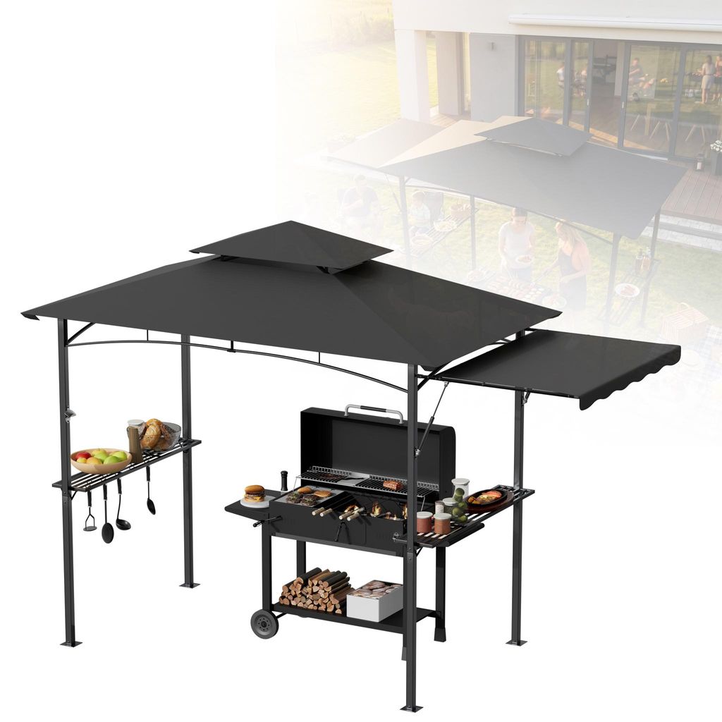 CEEDIR Grillpavillon 244 x 153 x 250 cm, mit Seitenmarkise, Doppeldach, Seitenregalen, Metallkorb, Haken und Flaschenöffner, wetterfester Grillunt...