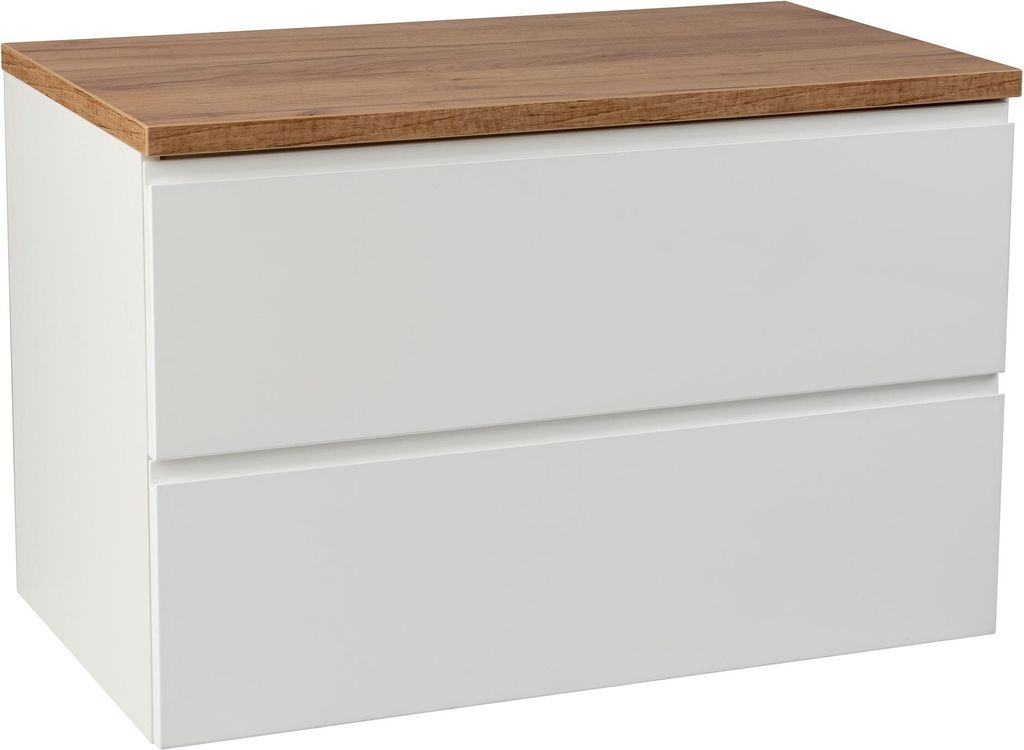 A white two-drawer cabinet with a wooden top.