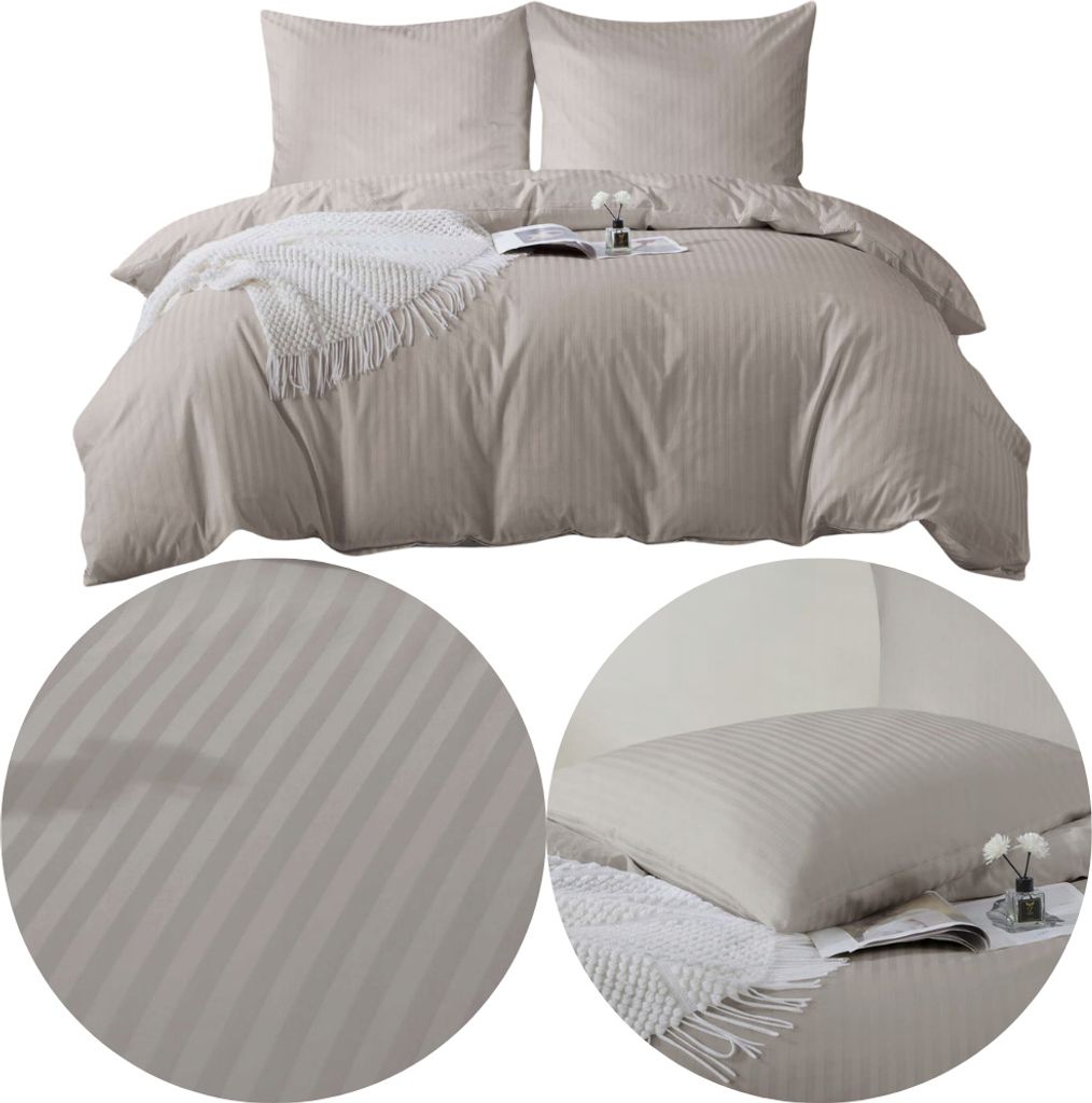 A collage of images showing a taupe striped duvet cover and pillowcases, with close-up views of the fabric texture and a styled bed.