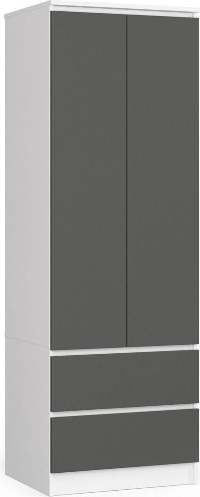 Kleiderschrank – Drehtürenschrank – Schrank 2 Türen – STAR – 60 cm – Weiß / Graphit – Kompakter Stauraum mit Schubladen und Kleiders...